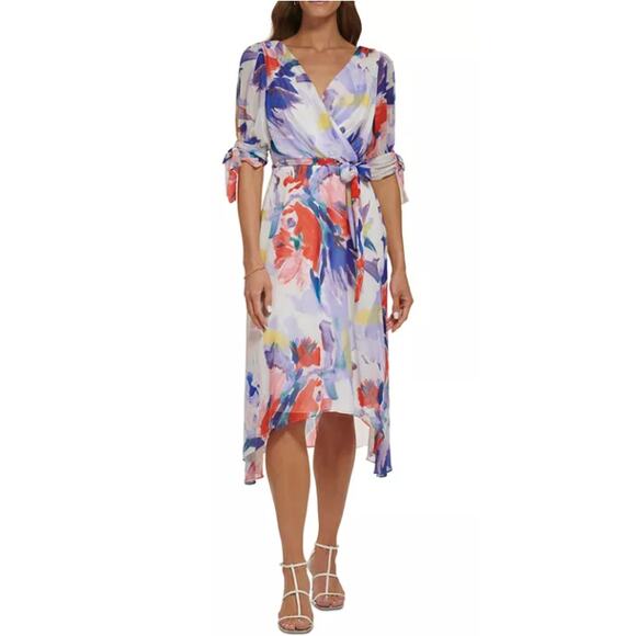 DKNY Women's Ivory Marine Multi Painted Floral Belted High-Low Dress Size 2 - Picture 1 of 9